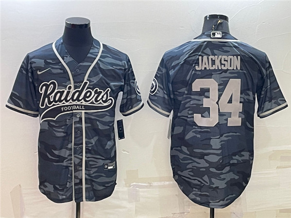 Men's Las Vegas Raiders #34 Bo Jackson Gray Camo With Patch Cool Base Stitched Baseball Jersey